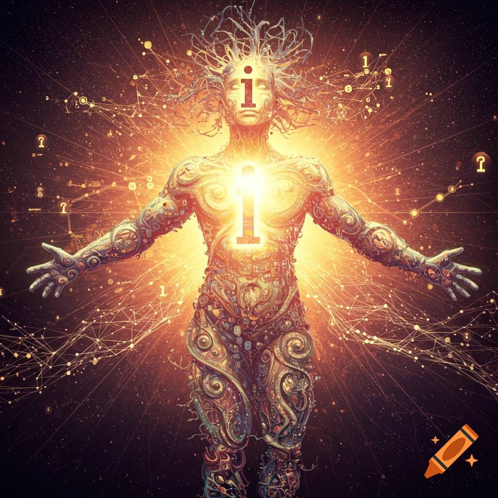 A glowing, intricate figure composed of patterns and light stands surrounded by data symbols and stars.