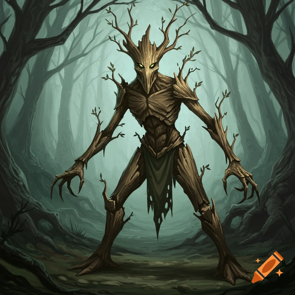 Illustration of a creepy tree humanoid monster in a dark forest.