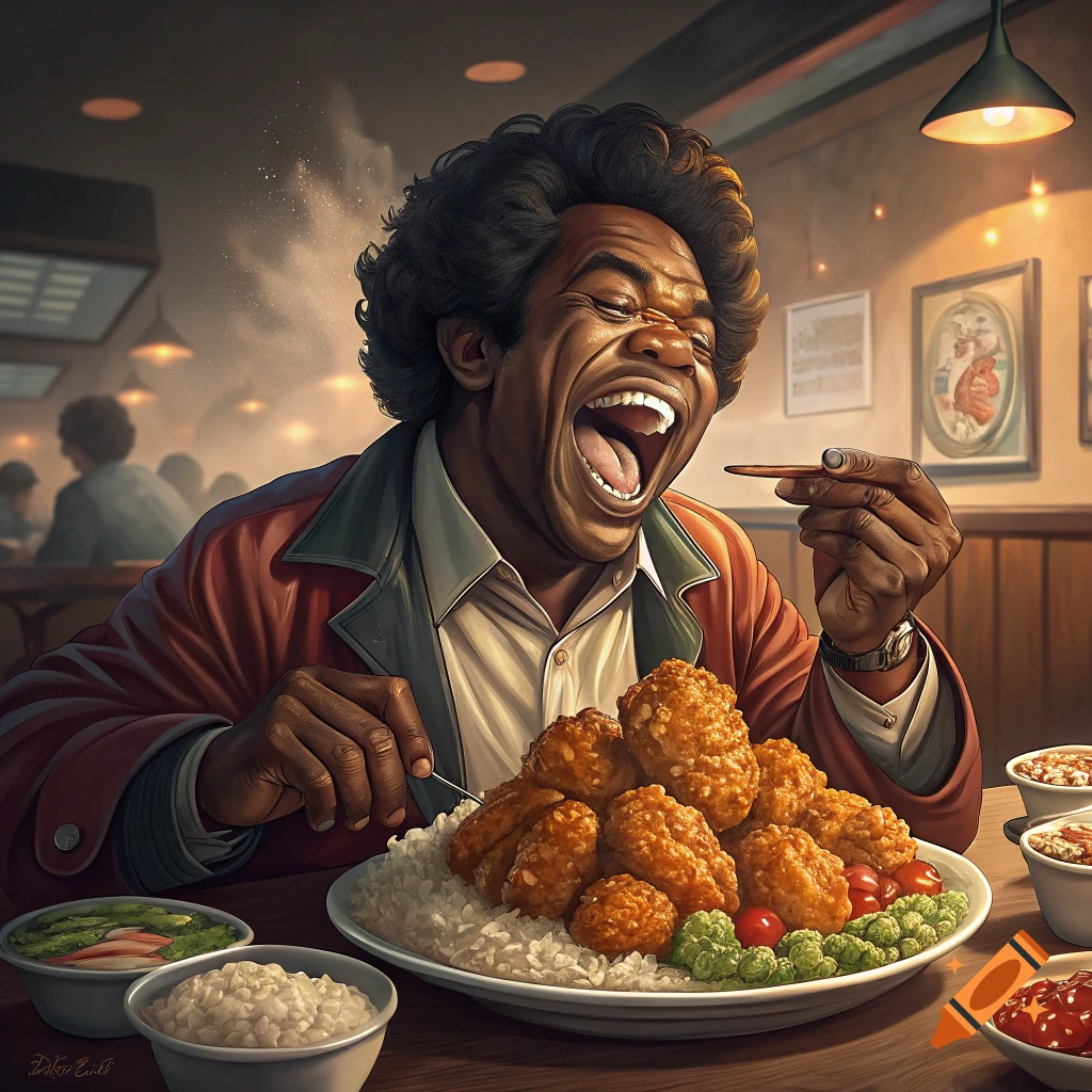 A man with a large afro laughs while eating a huge plate of fried chicken and rice in a restaurant, stylized painting