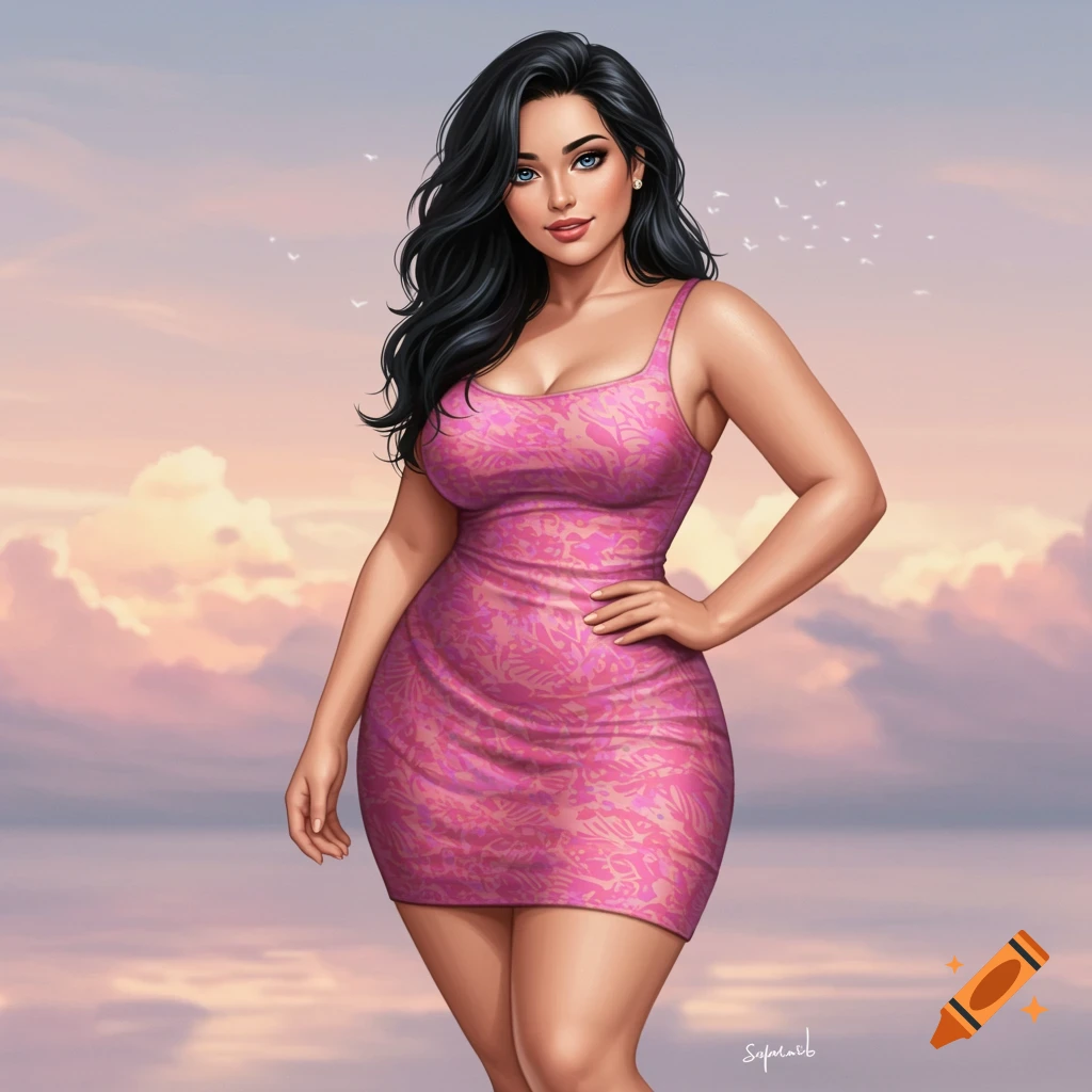 Illustration of a woman in a pink dress standing in front of a sunset sky.