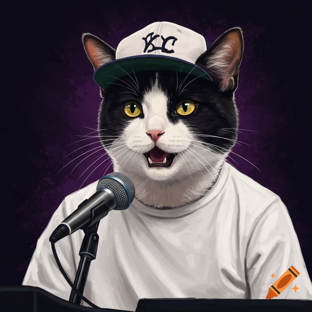 An illustration of a tuxedo cat wearing a baseball cap and t-shirt rapping into a microphone.