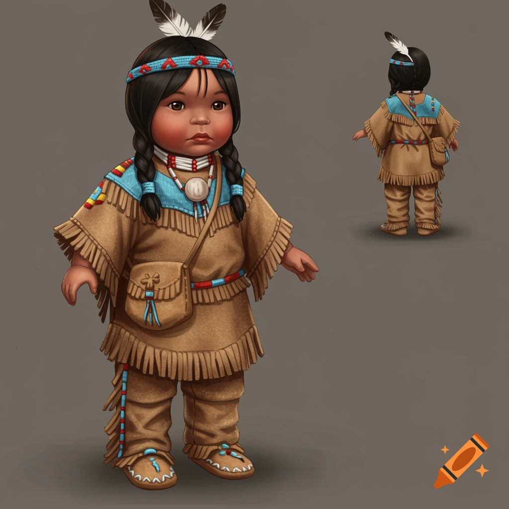 Illustration of a doll dressed in Native American attire, including a fringed robe, moccasins, and beaded headband.
