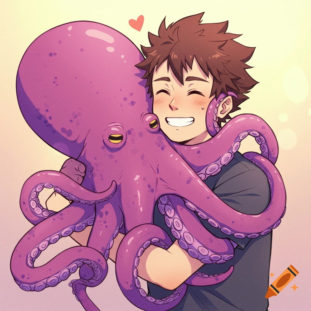 An anime drawing of a person hugging a large purple octopus.