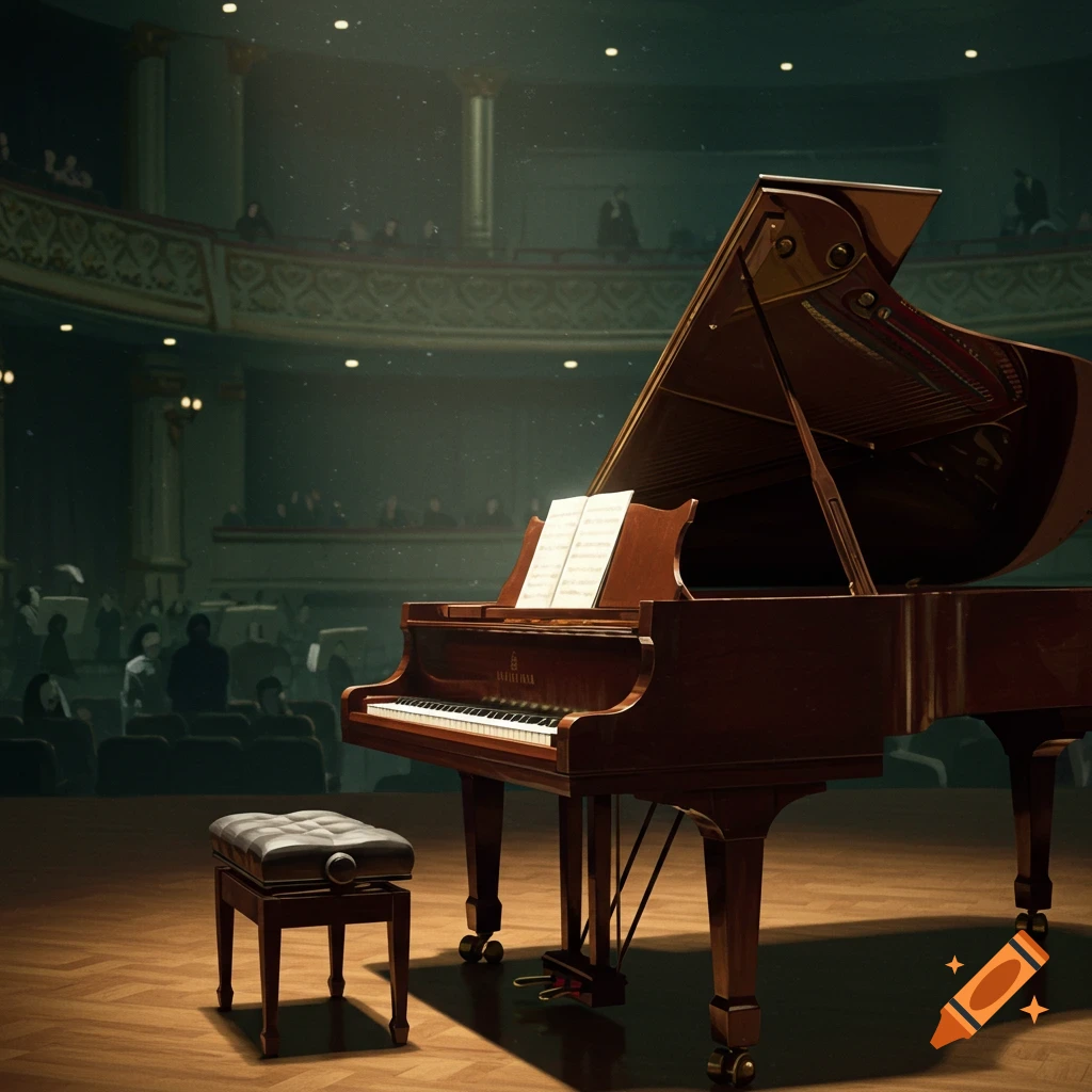 A grand piano sits on a wooden stage in a concert hall, with sheet music on the stand and an audience in the background.