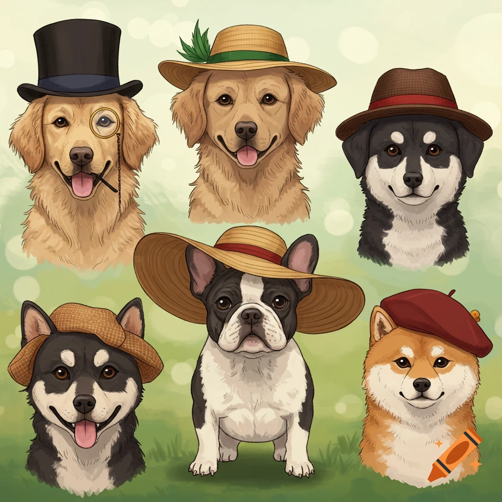 Illustrated portraits of six different dogs wearing various hats in a field.