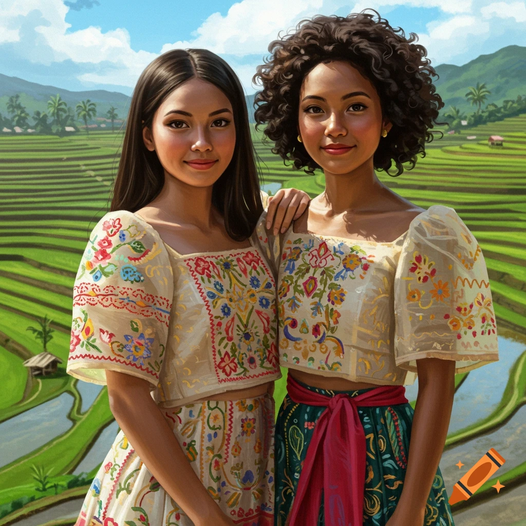 Two women in traditional Filipino clothing stand in a painting of rice terraces.