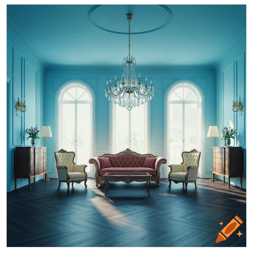A luxurious room with large windows, a pink sofa, two armchairs, and a crystal chandelier.