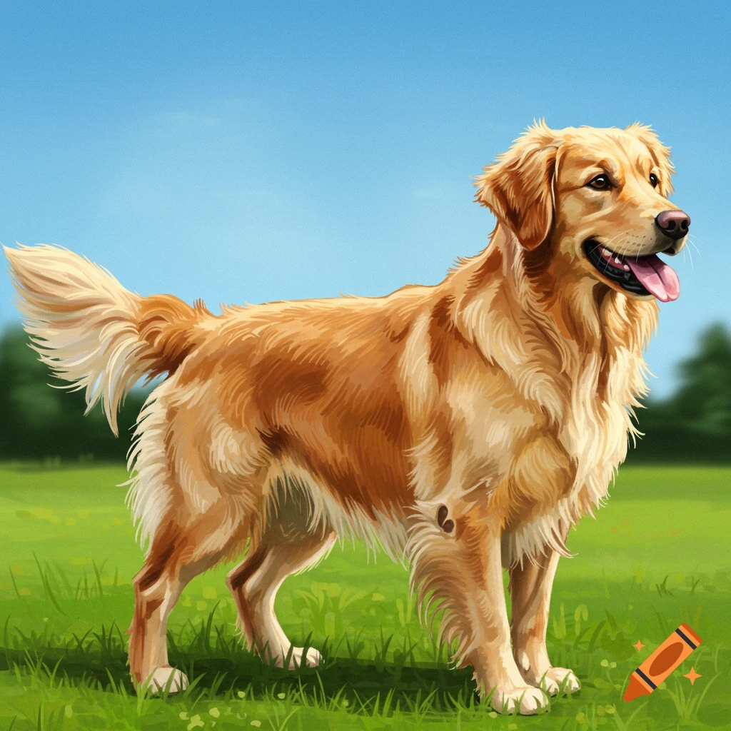 An illustrative painting of a golden retriever dog standing in a grassy field under a blue sky, viewed from the side.