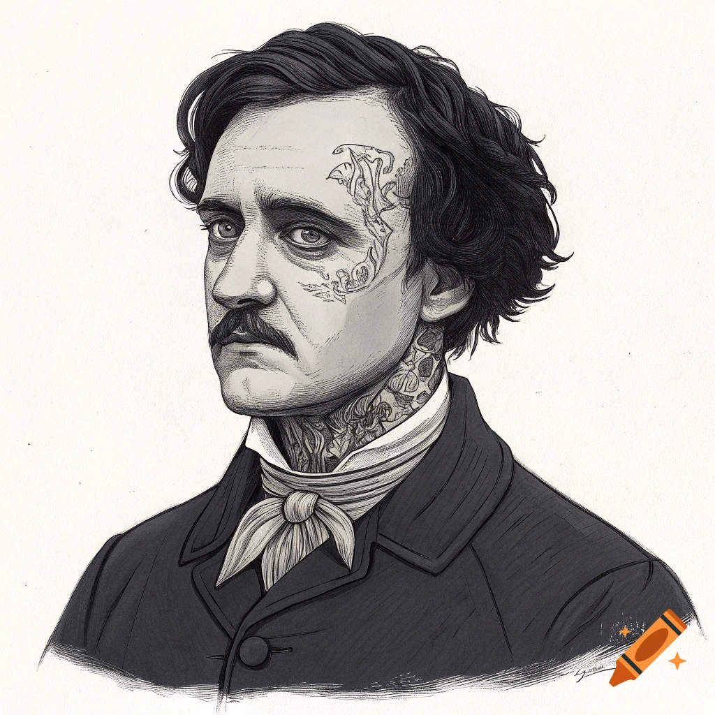 Sketch portrait of Edgar Allan Poe with face and neck tattoos.