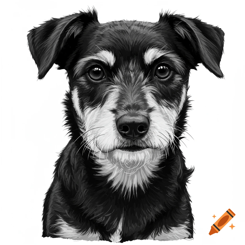 Black and white illustration close up of a dog's face.
