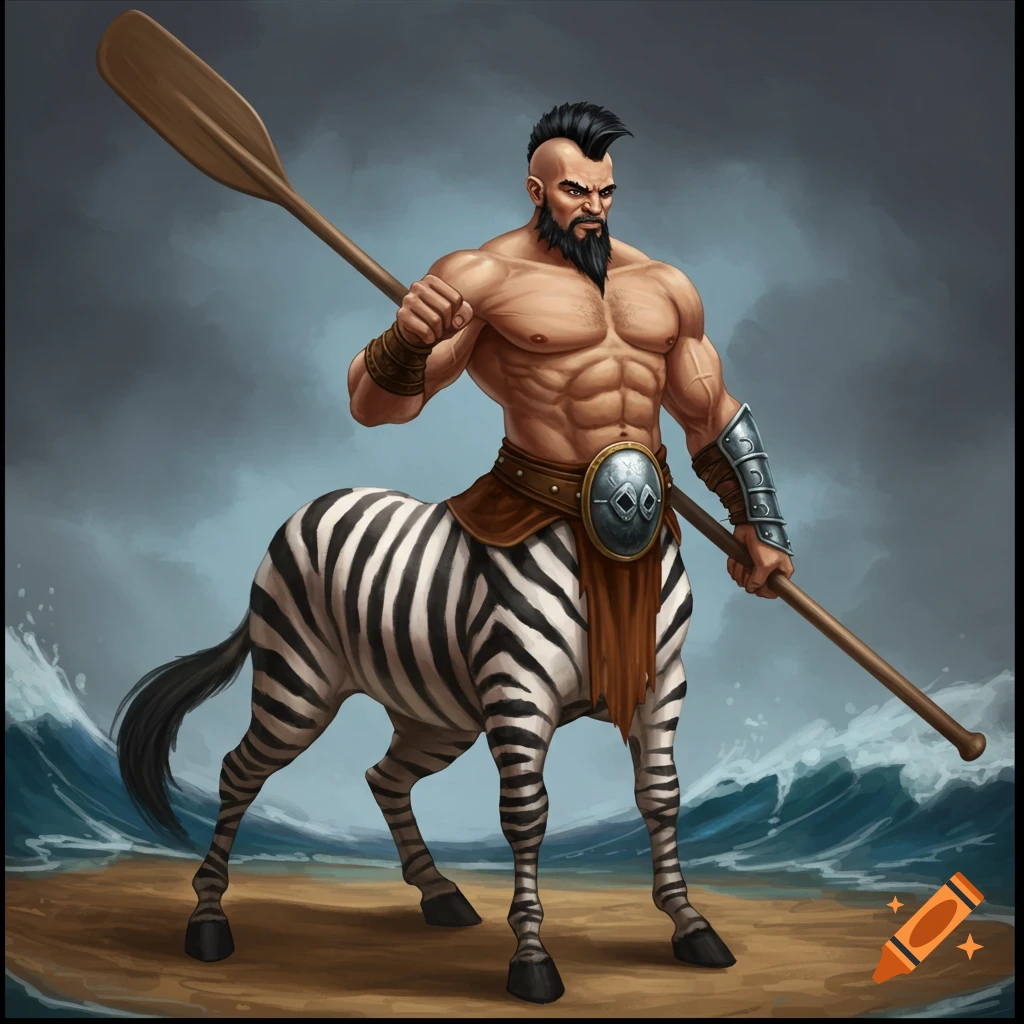 A muscular zebra centaur with a mohawk holding an oar on a beach