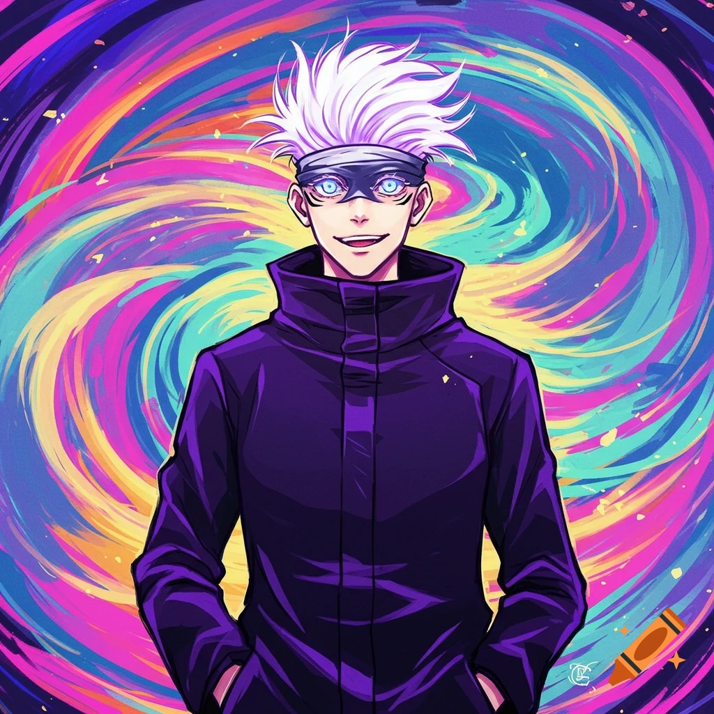 Anime portrait of a character with white spiky hair and blindfold, wearing a purple jacket, against a swirling colorful background.