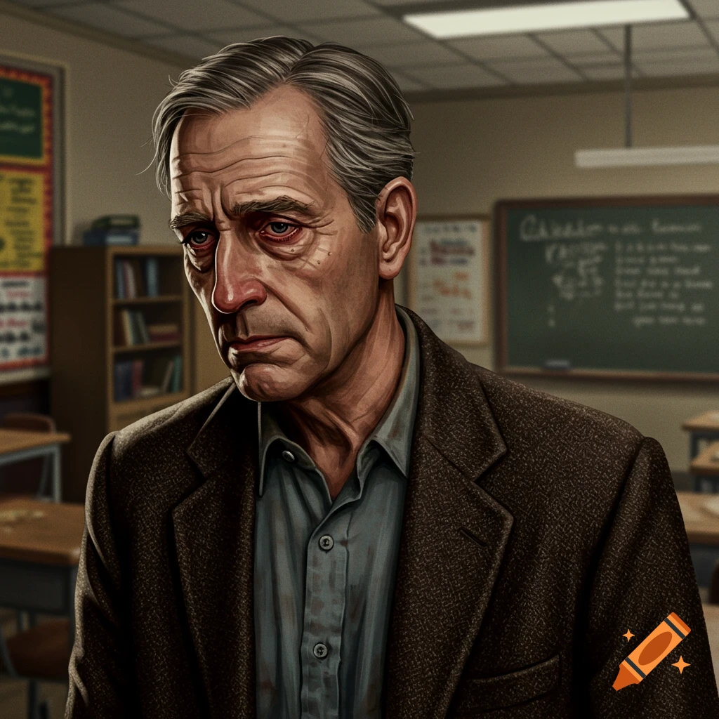 A portrait of a depressed older man in a classroom.