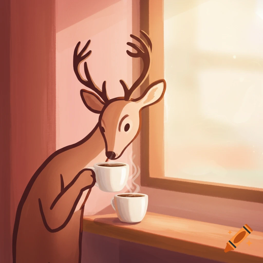 Illustration of a deer holding a coffee cup by a window with another cup on the ledge.