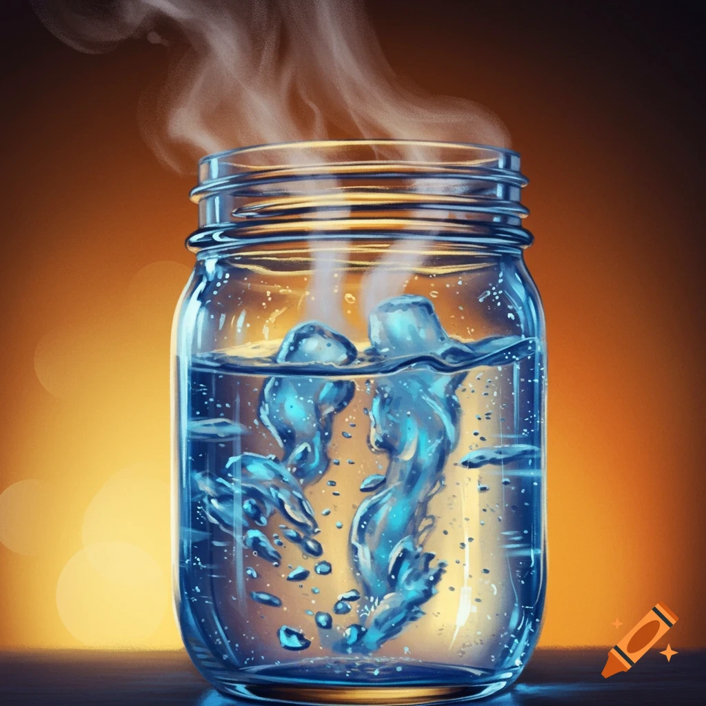 Mason jar with bubbling water, ice, and steam against an orange background.