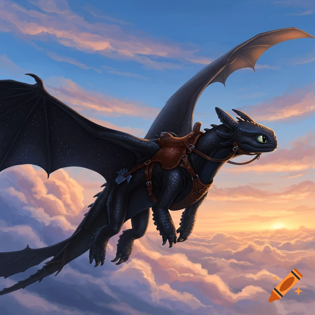 A black dragon with a saddle flies through clouds at sunset, illustration style.