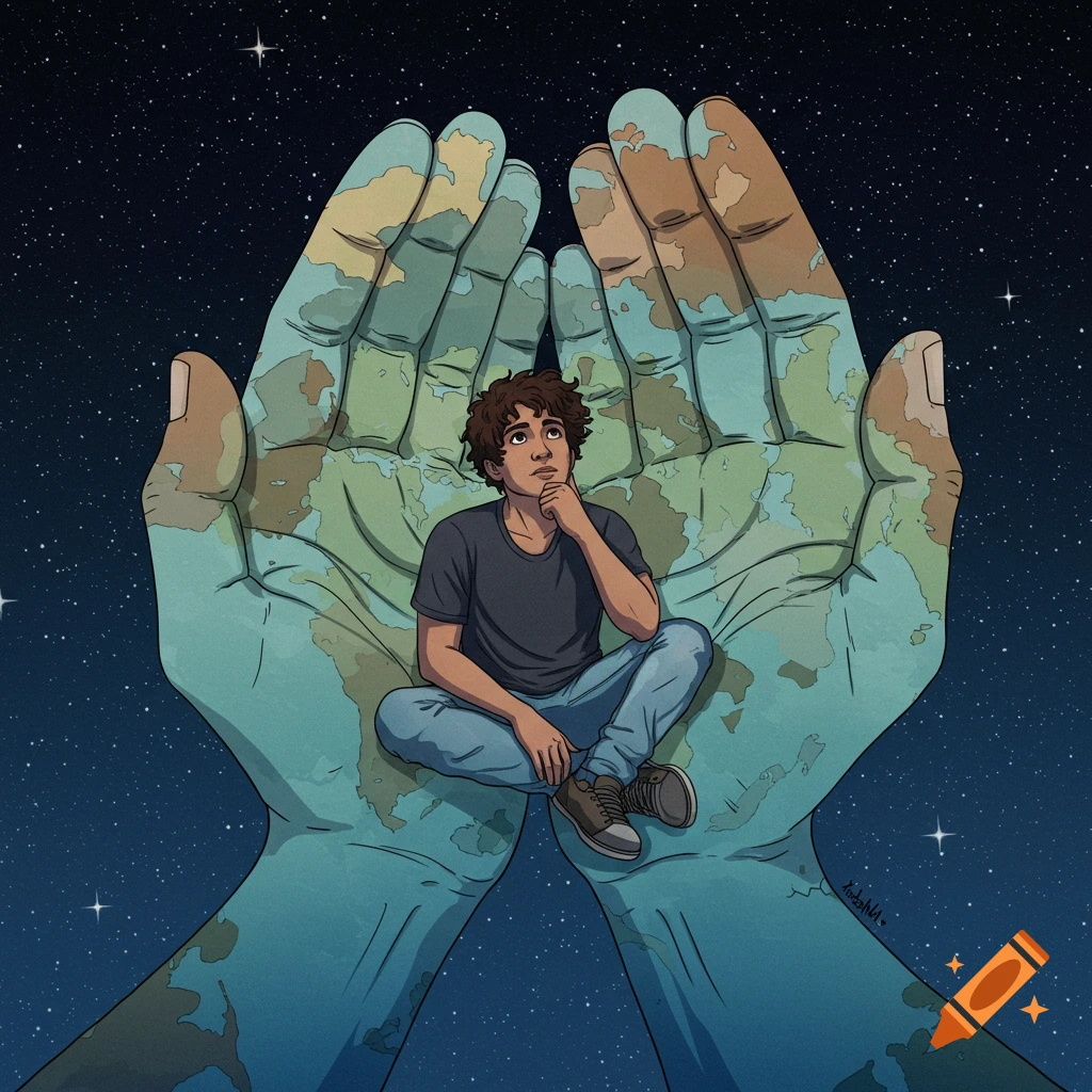 A young person sits cross-legged in giant cupped hands with world map patterns, looking up at a starry night sky.