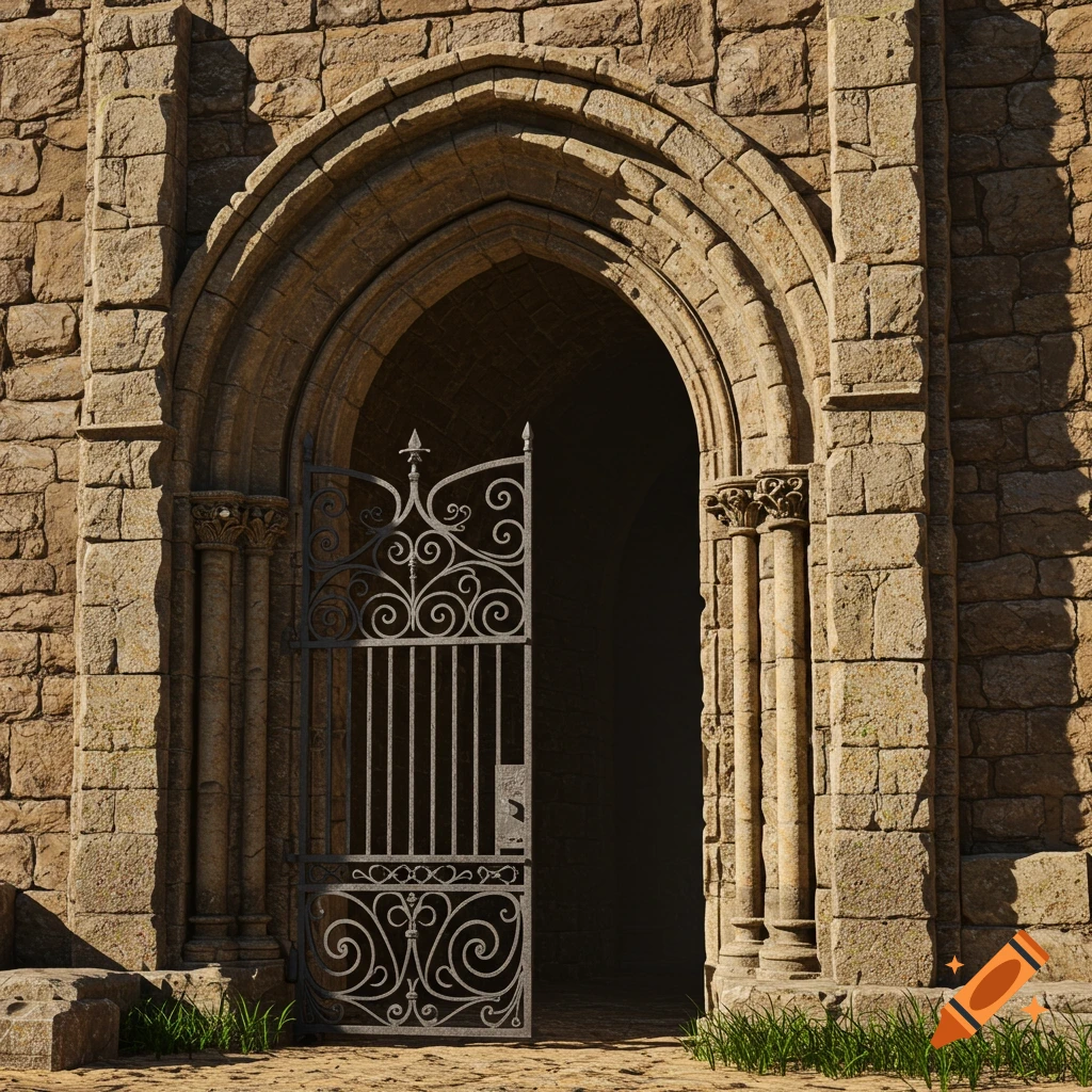 An open wrought iron gate stands in front of a stone archway set into a stone wall. Photorealistic style.