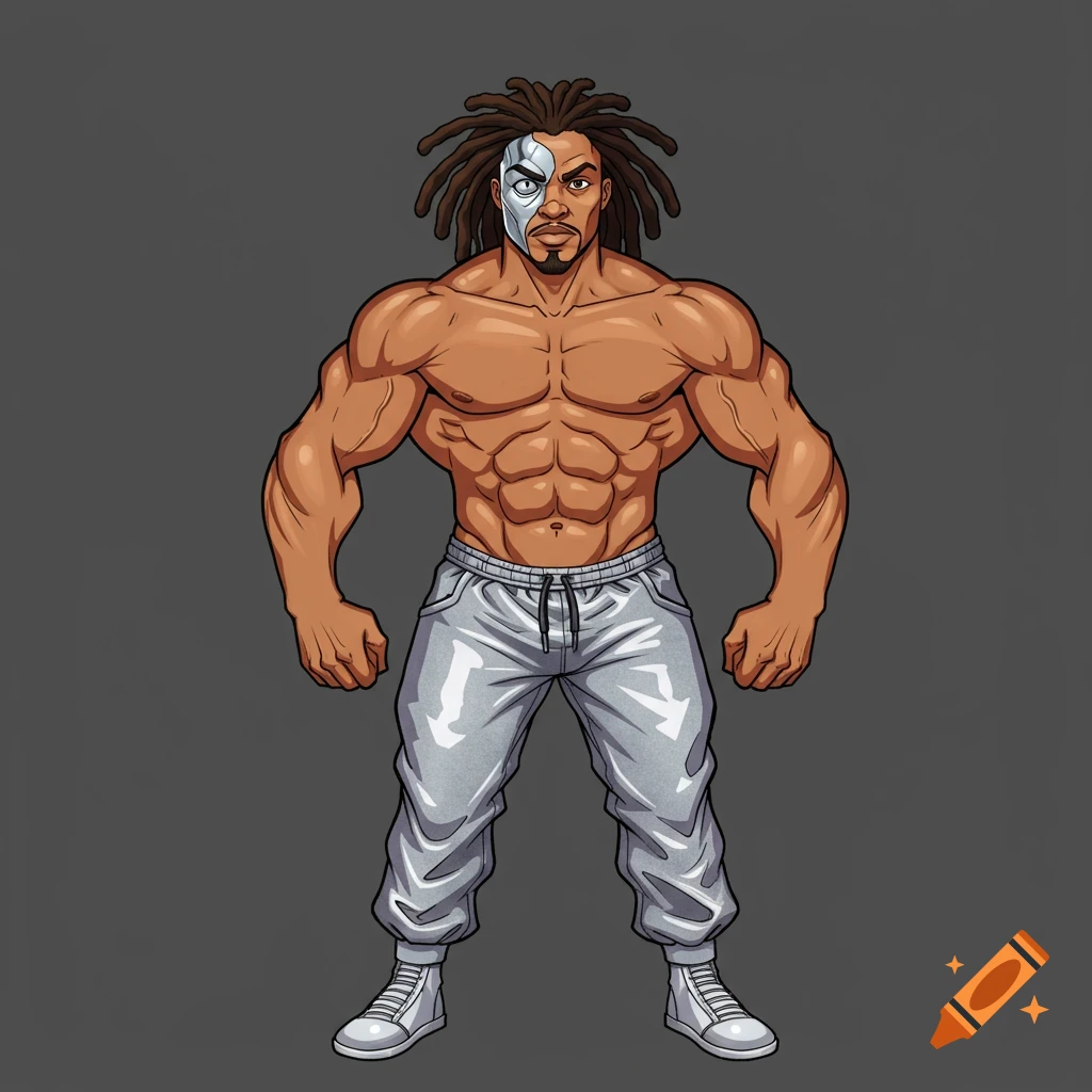 Cartoon illustration of a muscular man with dreadlocks and a chrome cybernetic eye wearing silver sweatpants.