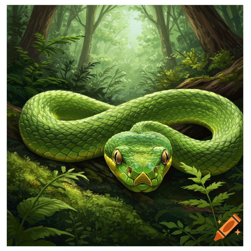 Close-up of a green snake coiled on a branch in a forest, looking at the camera.