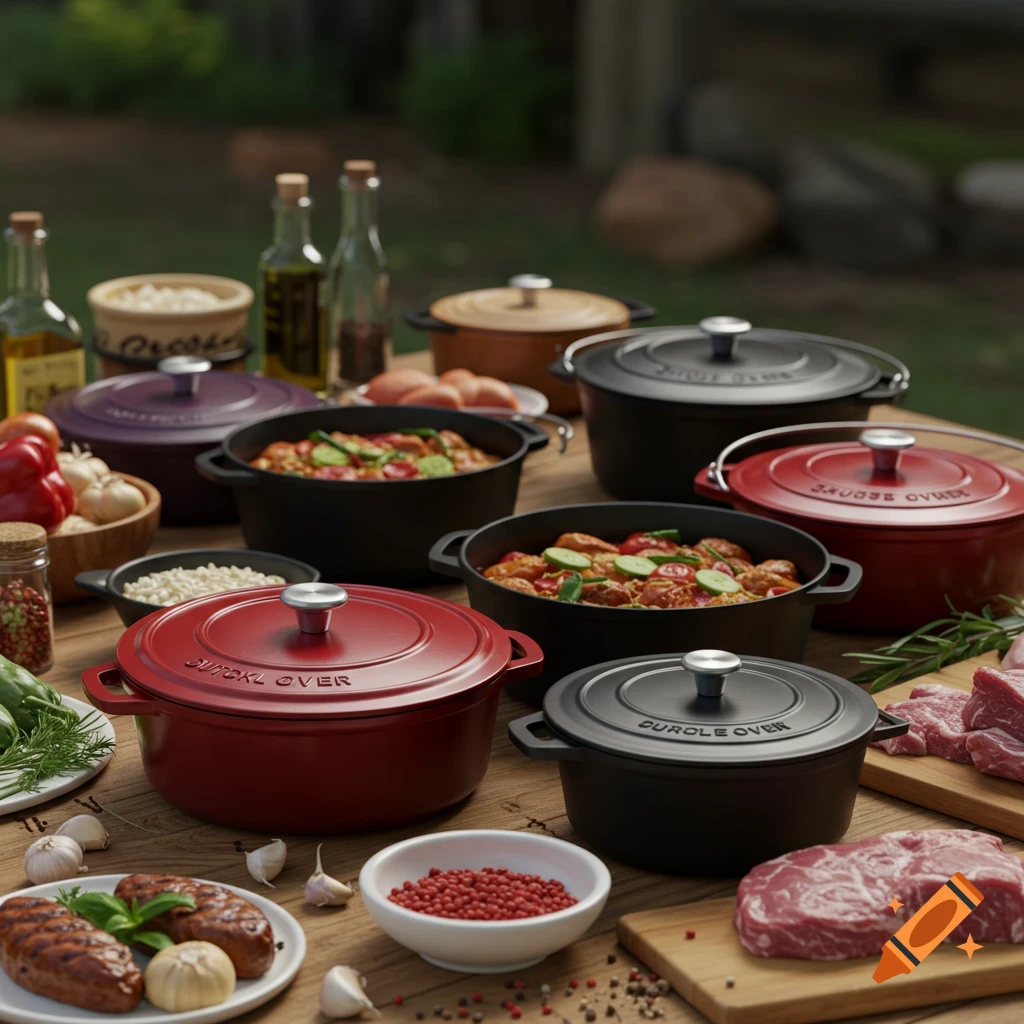 Table filled with colorful Dutch ovens, raw meat, vegetables, and spices outdoors.