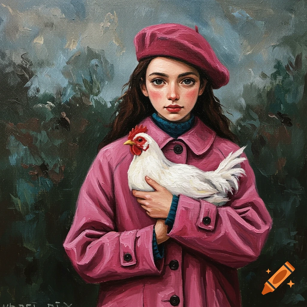 Painting of a girl in a pink coat and beret holding a white chicken.