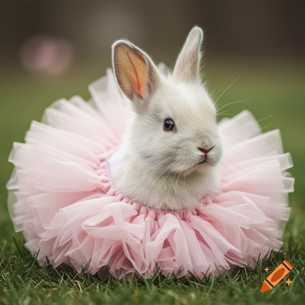 A baby bunny wearing a pink tutu sitting in grass.