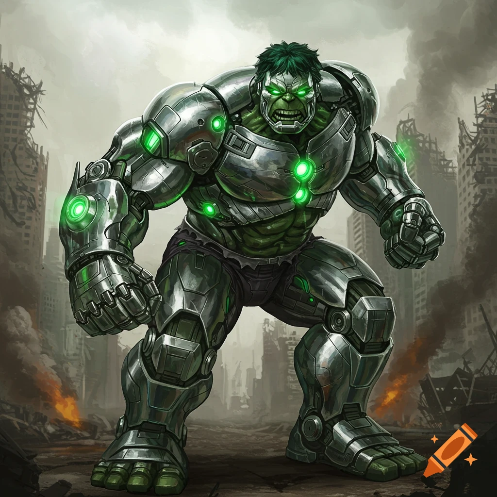 A muscular green superhero wearing shiny metallic armor stands in a ruined city.