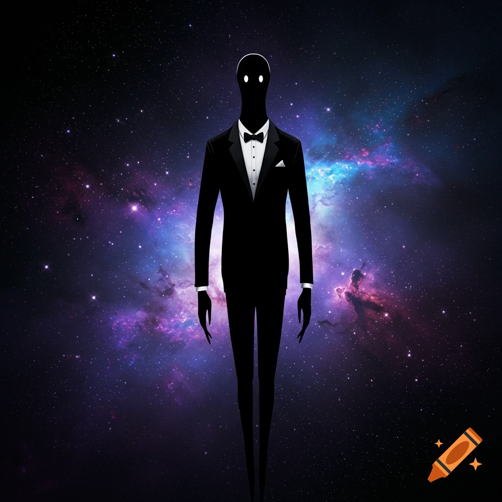 Tall, faceless silhouette in a tuxedo stands against a galaxy background. Illustration.