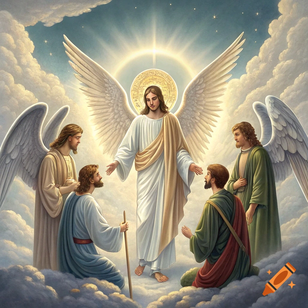 Jesus stands with arms outstretched among kneeling figures and angels in clouds.