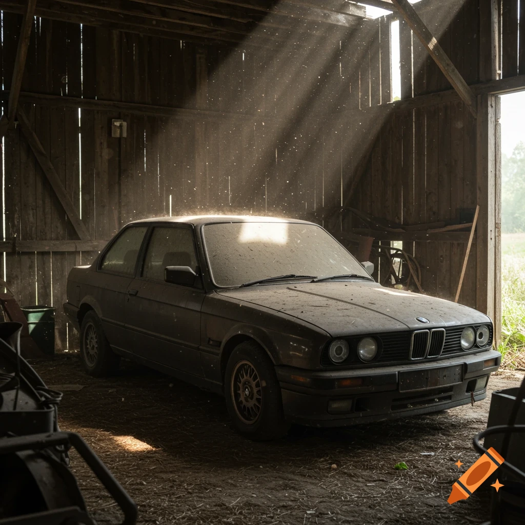 A dusty black BMW 3 Series coupe sits abandoned in a sunlit wooden barn.