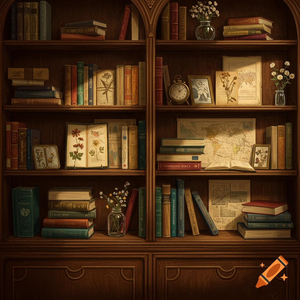 A full wooden bookshelf with multiple shelves, filled with books of various sizes and colors, maps, scientific drawings, clocks, and decorative vases with flowers, lit by soft light.