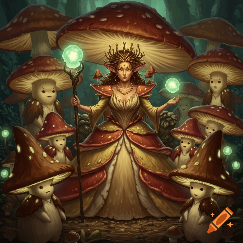 Fantasy illustration of a mushroom queen with glowing orbs, surrounded by mushroom people in a forest.