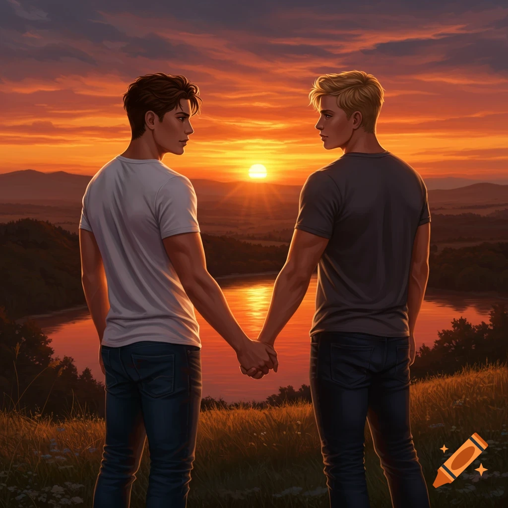 Two men hold hands on a hill overlooking a lake at sunset, illustration style.