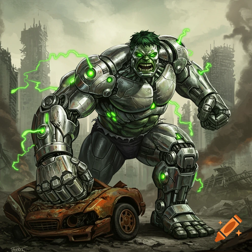 Large robot Hulk in a destroyed city standing on a crushed car, comic art style.