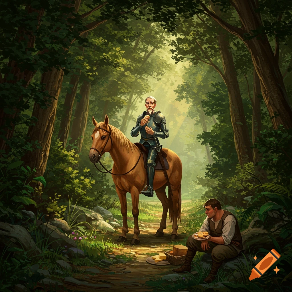 A knight on a horse and a man eating sit on a forest path with bread and cheese.