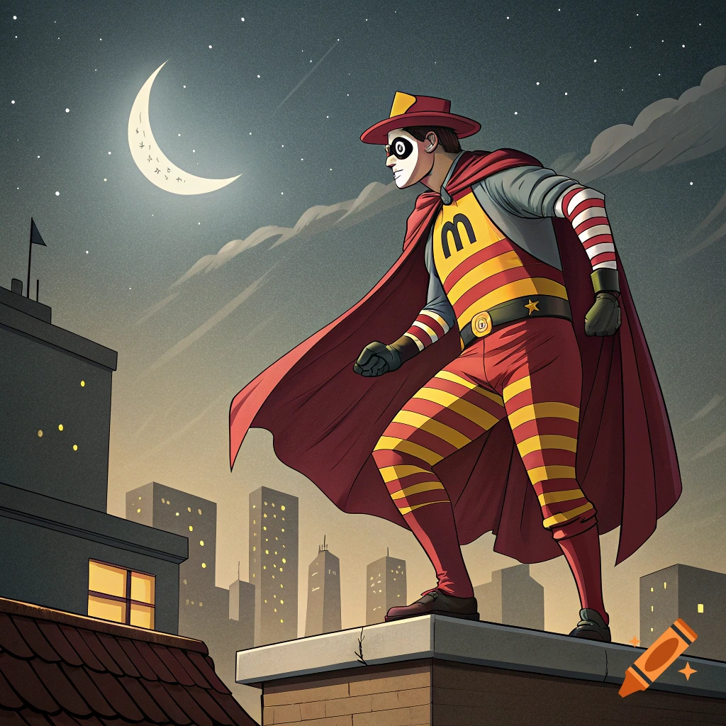 Hamburgler-like superhero stands on a rooftop overlooking a city at night in comic art style.