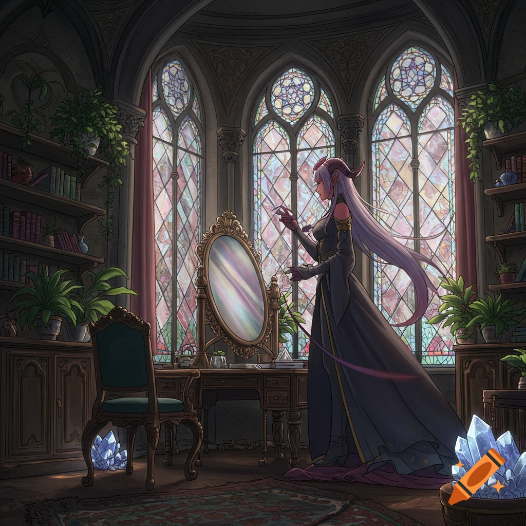 Anime tiefling woman looks in a mirror in an ornate castle room with stained glass windows, bookshelves, plants, and crystals.