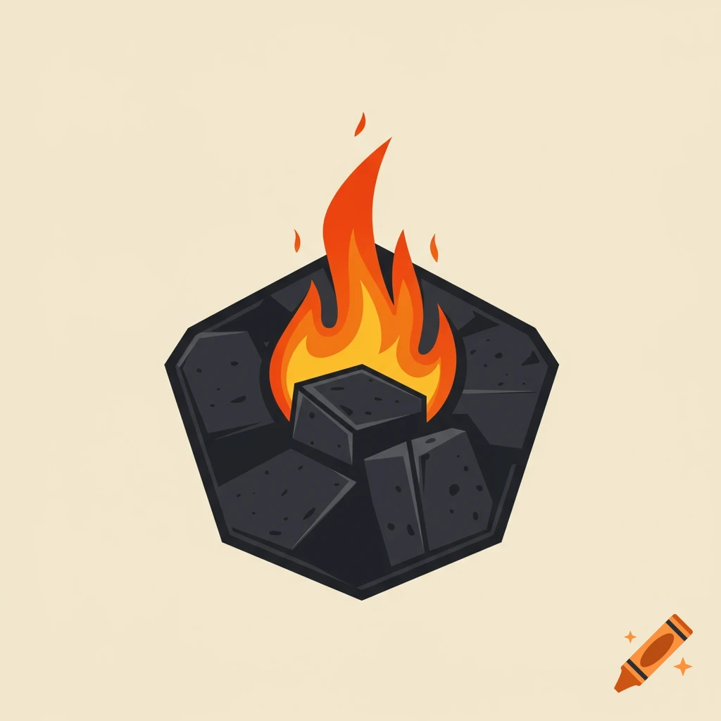 Stylized logo of burning charcoal briquettes with a bright flame