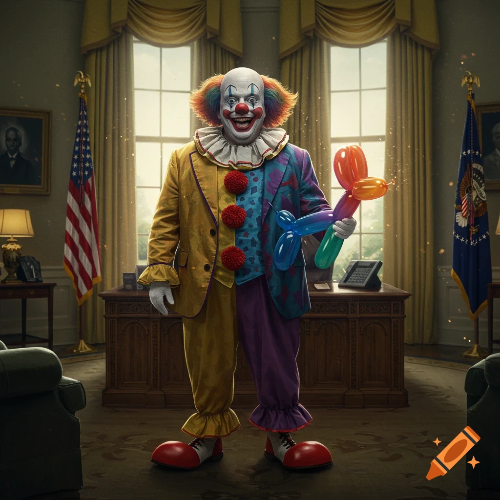 A clown stands in the Oval Office holding balloon animals.