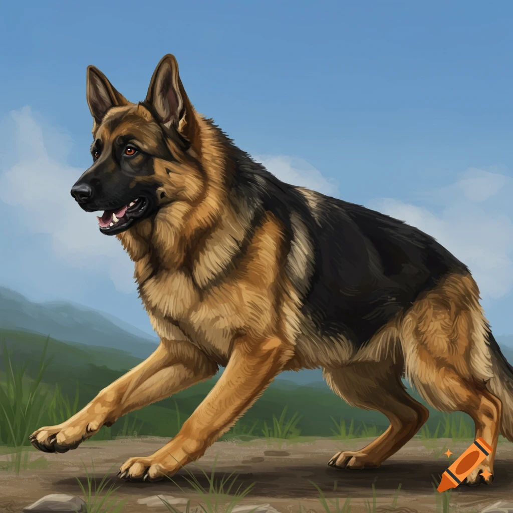 A German Shepherd dog runs in a field under a blue sky.