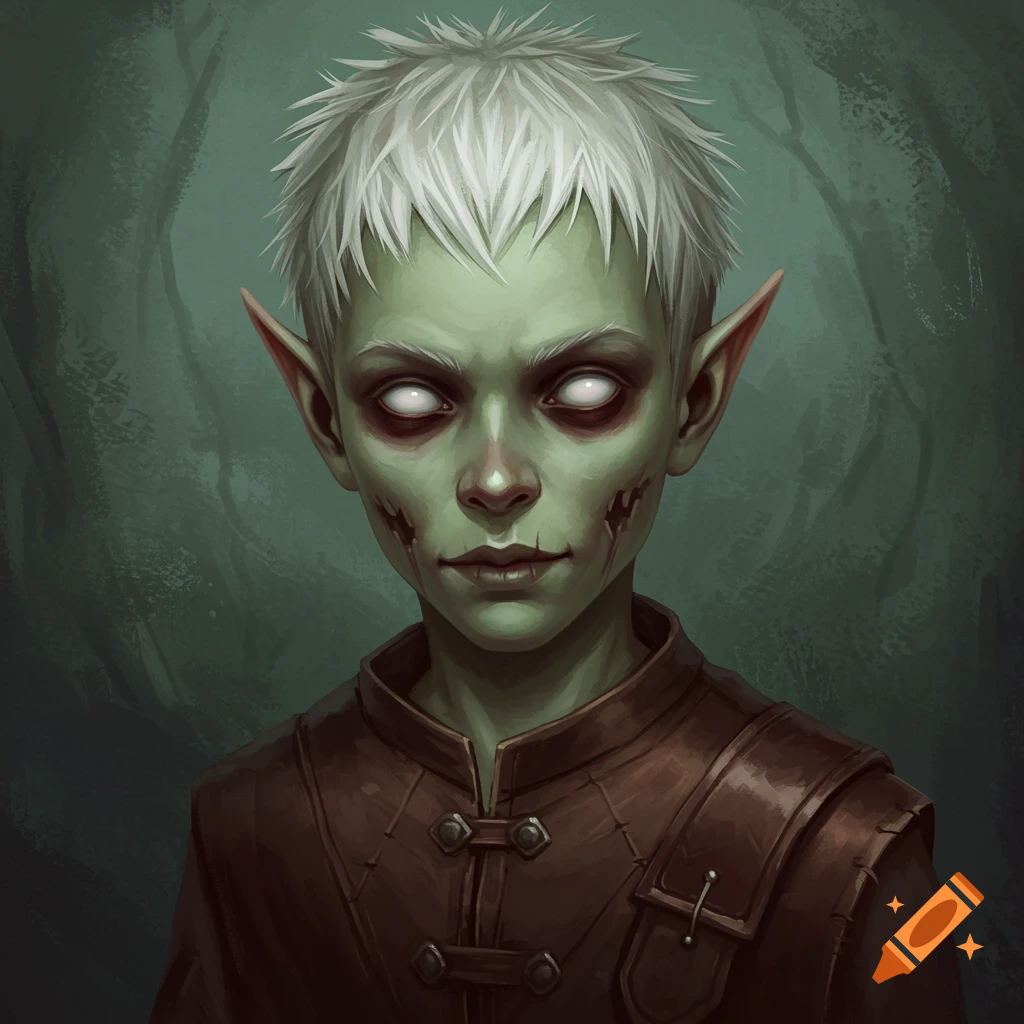 A zombie elf boy with green skin, white hair and eyes, wearing leather armor.
