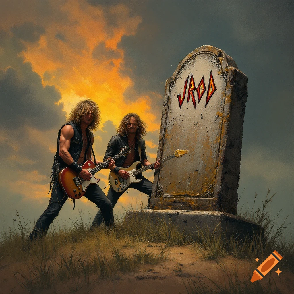 Two rock musicians play guitars next to a tombstone on a hill under a dramatic sky.