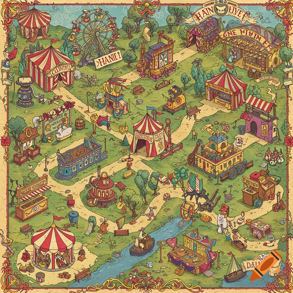 Isometric illustration of a detailed carnival map with tents, a Ferris wheel, and various attractions.