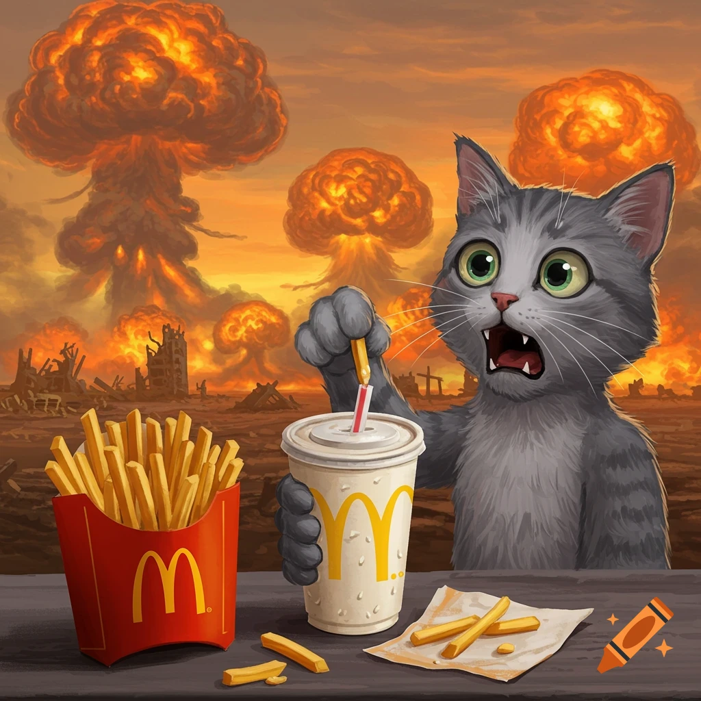 Cartoon cat eating McDonald's fries and drink in front of nuclear explosions in a destroyed city