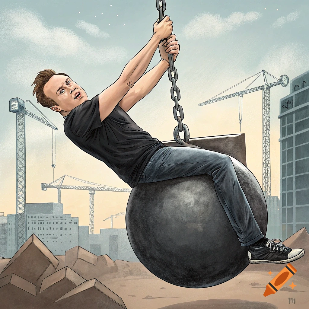Illustration of a man resembling Elon Musk swinging on a wrecking ball at a construction site.