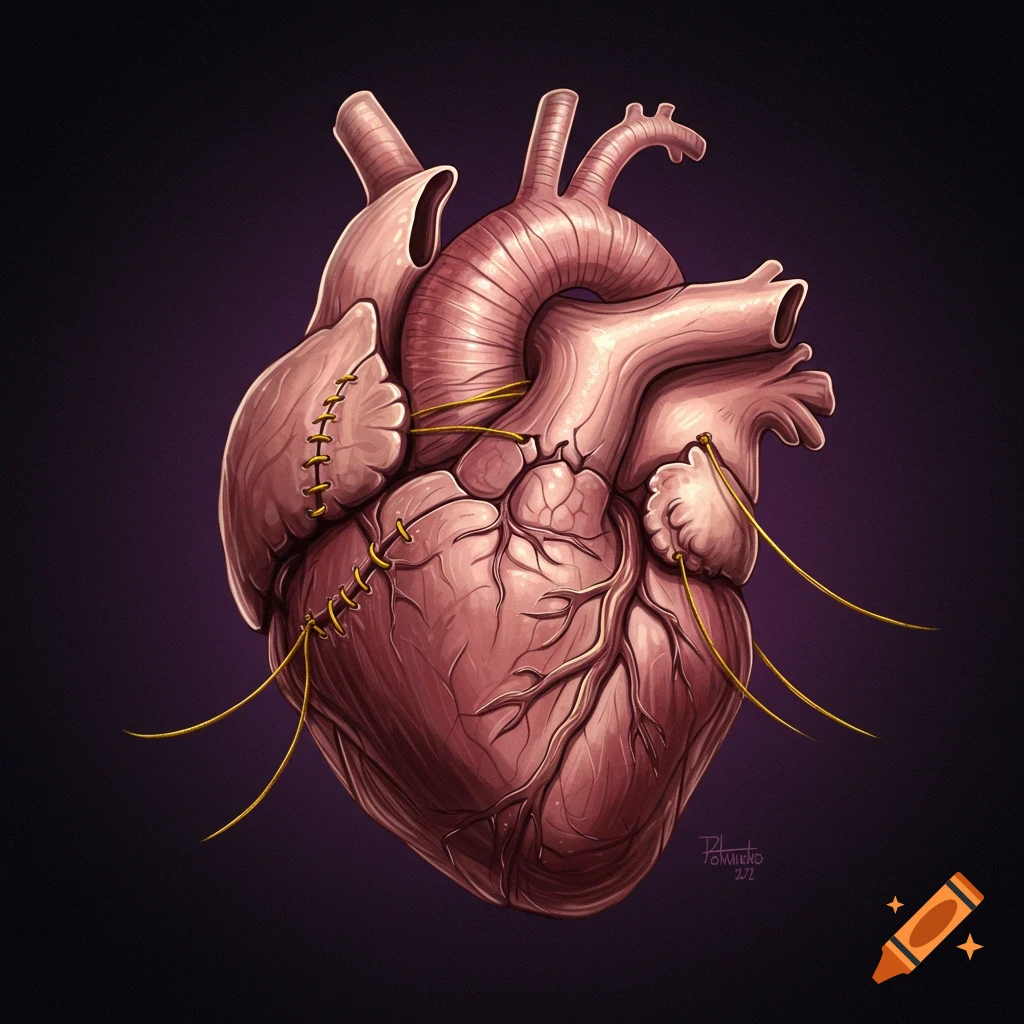 Stylized illustration of a human heart mended with stitches and threads.