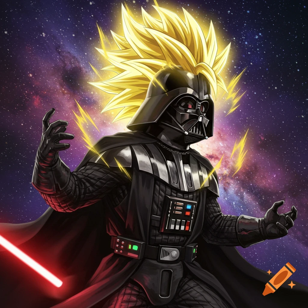 Darth Vader with Super Saiyan hair powering up in space