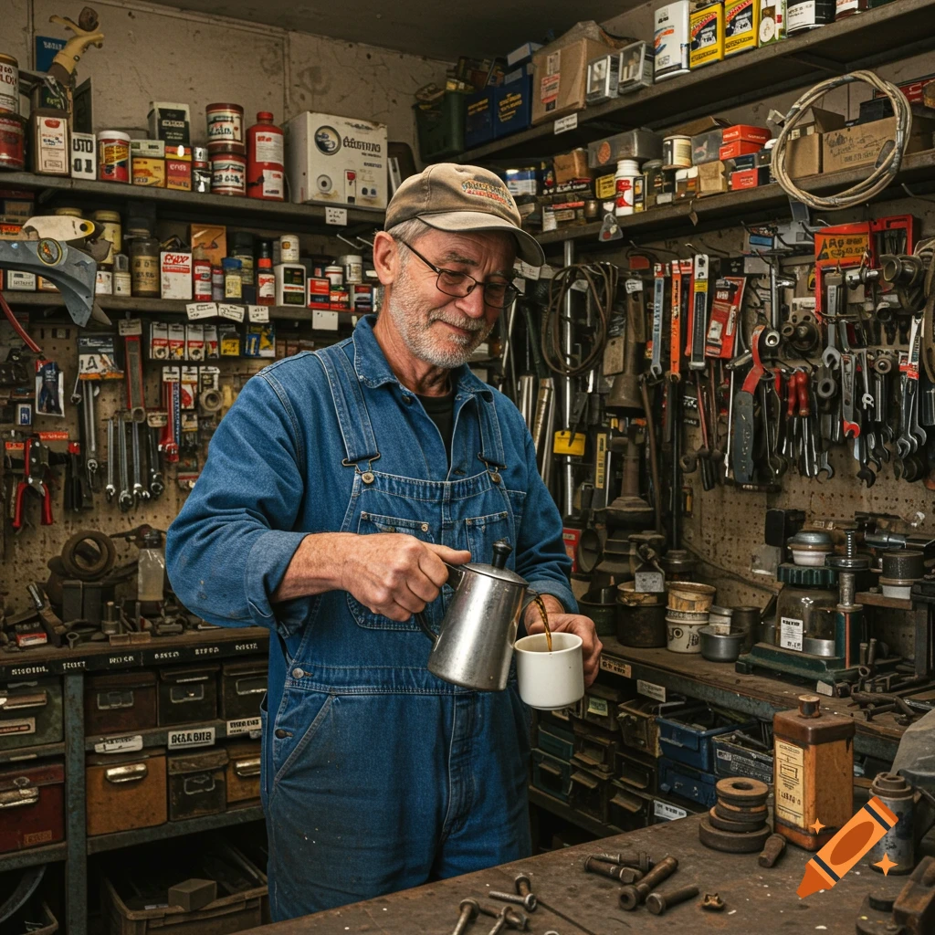 Older man in overalls pours coffee in a cluttered workshop filled with tools and supplies.