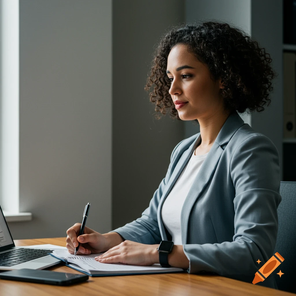 A woman sits at a desk, writing in a notebook next to a laptop.